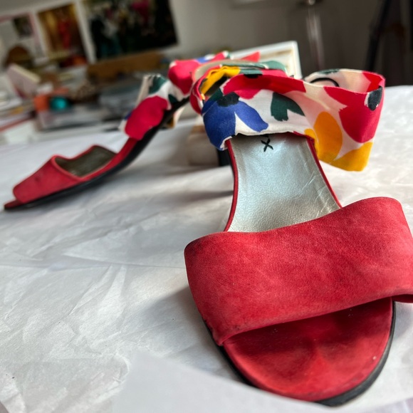 VTG 80s Xavier Denaud red suede heels scarf strap sz 8 Paris Made in Spain - Picture 13 of 14